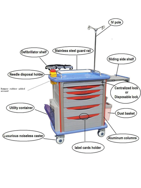 Hospital Furniture Medical Emergency Cart Stainless Steel Guardrail