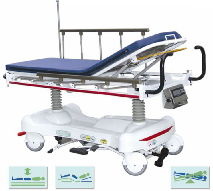 Hydraulic stretcher trolley with scaling system for transporting patients