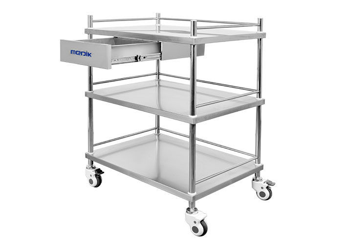 Stainless Steel  Surgical Instrument Trolley Three Shelves One Drawer